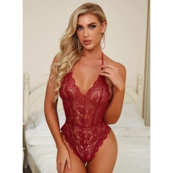 Large Red Sheer Floral Lace Halter Teddy Bodysuit - Picture 5 of 6
